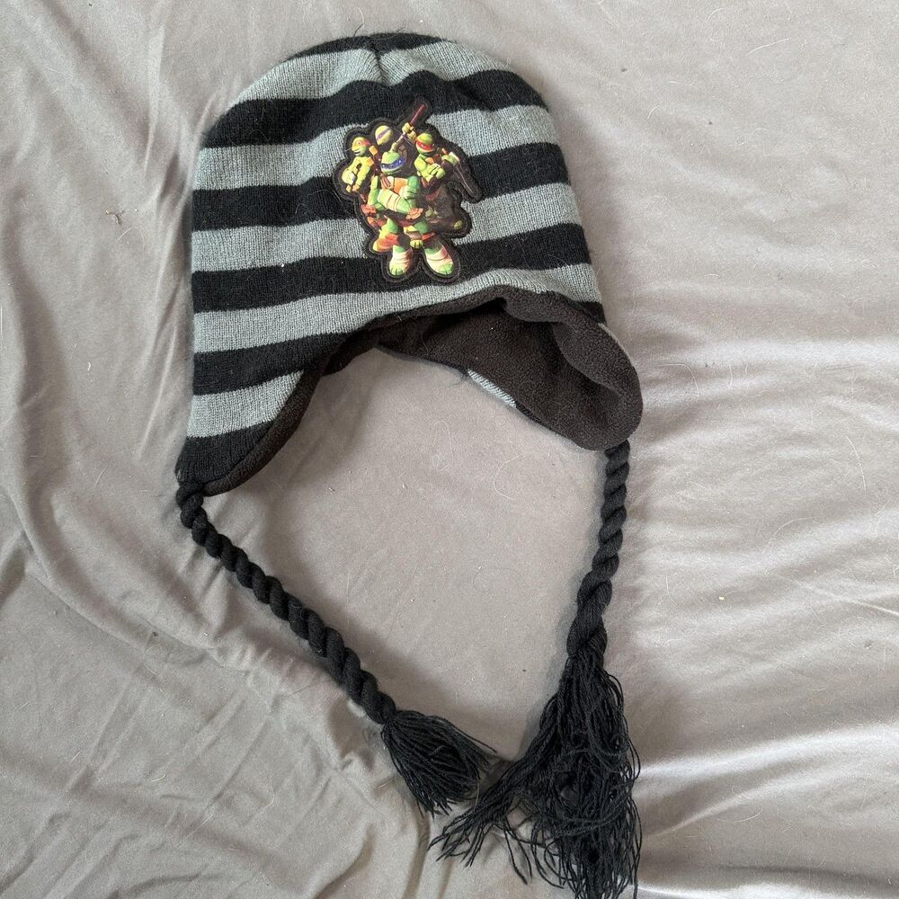 Teenage Mutant Ninja Turtles Ear Flap Knit Beanie‎ Hat Black Gray Stripes Kids